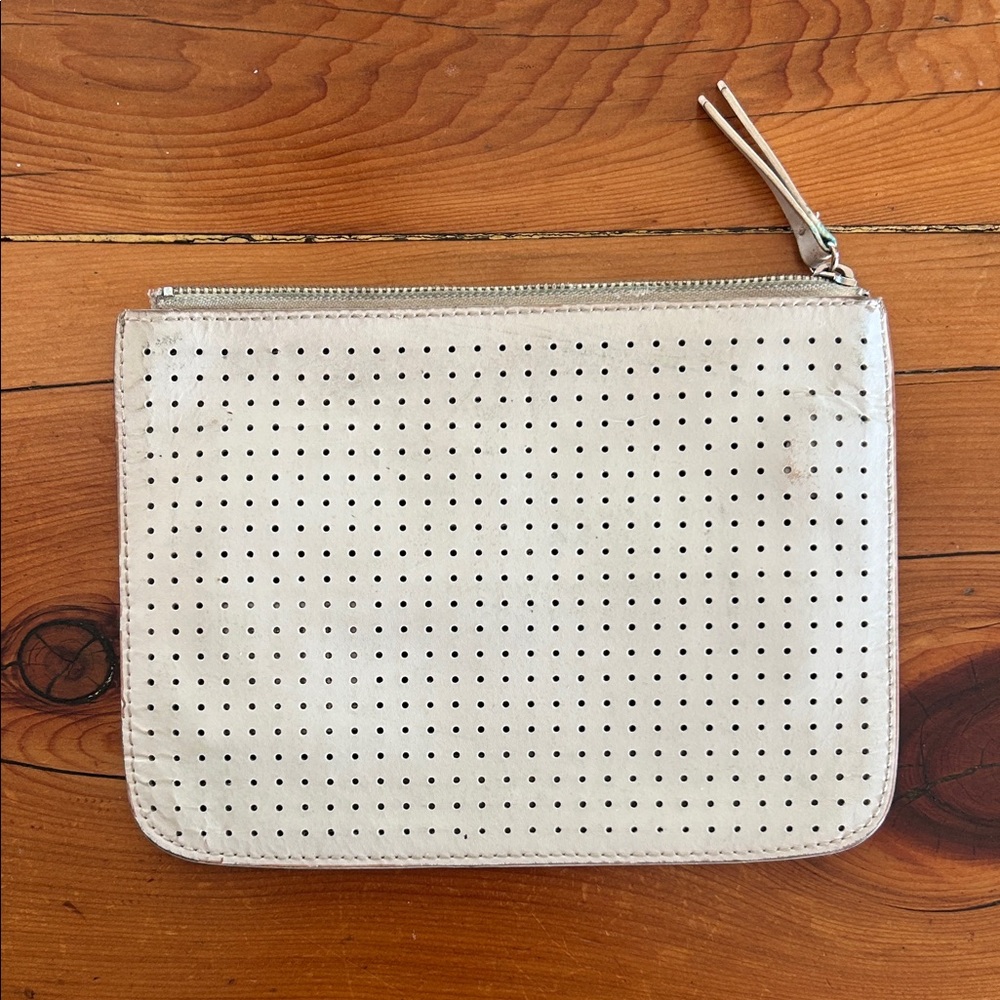 White leather perforated zip wallet / clutch / wristlet style w 8 card slots